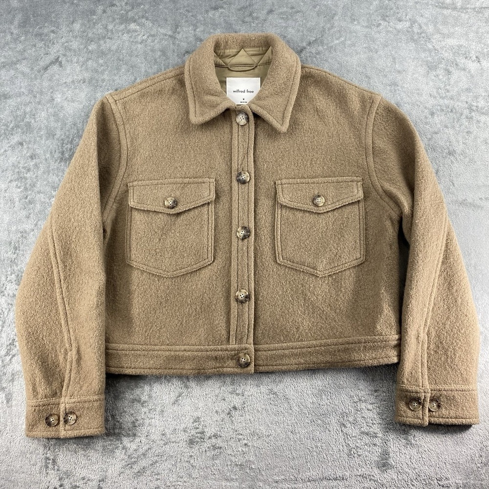 Wilfred Free Shirt Jacket Womens Size M Tan Autumn Shacket Merino Wool Aritzia